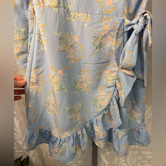 Lily Rose Light Blue Floral Padded Bra Long Sleeve Ruffle Dress - Picture 4 of 7